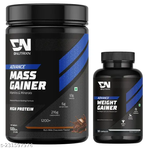 DNUTRIXN Advance Mass Gainer 500GM +Weight Gainer Capsules |High Protein & High Calories | Mass Gainer Powder with Advanced Formulation | Weight Gainer 500GM | Weight Gainer Powder For Men & Women [Delicious Chocolate Flavour] | Mass Gain Powder, Weight Gain Powder