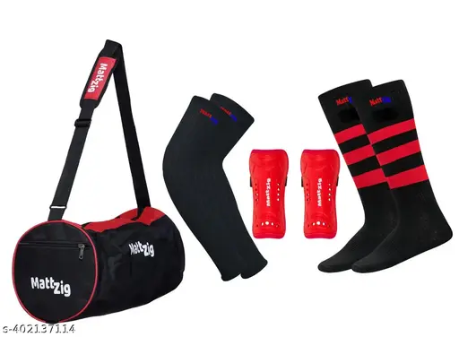 MattZig® Pro Football Kit (One Pair of Knee Length Lycra Cotton Socks + One Pair Of Elite Shin Guard + One Pair Of Cotton Arm Sleeves + One Kit Bag)